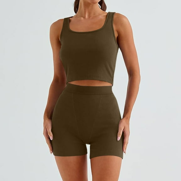 Htigea Clearance Womens Crew Neck Two Piece short Sets Cap Sleeve Drawstring Summer Sweatsuit with Pocket Today Sales Brown,S