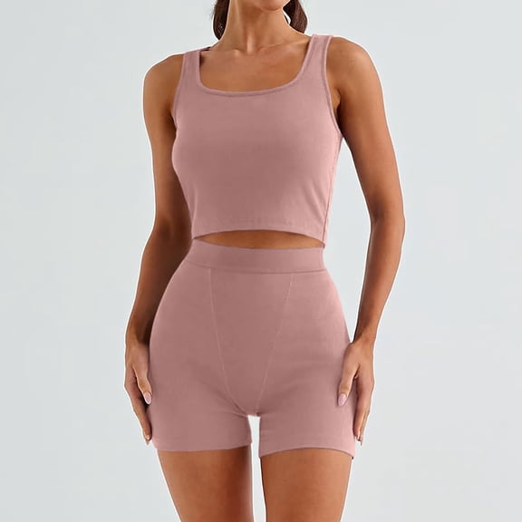 Htigea Womens Crew Neck Two Piece short Sets Cap Sleeve Drawstring Summer Sweatsuit with Pocket Today Sales Pink,M