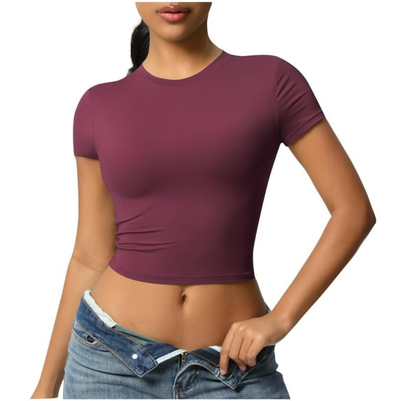 Htigea Womens Crop Tops Cute Summer Scoop Neck Basic Tees Slim Fit Trendy Short Sleeve T Shirts for Teen Girls 2025 Sale Wine,XL
