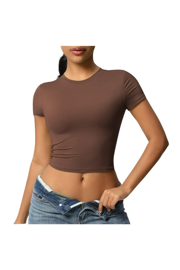 Htigea Womens Crop Tops Cute Summer Scoop Neck Basic Tees Slim Fit Trendy Short Sleeve T Shirts for Teen Girls 2025 Today Brown,XL