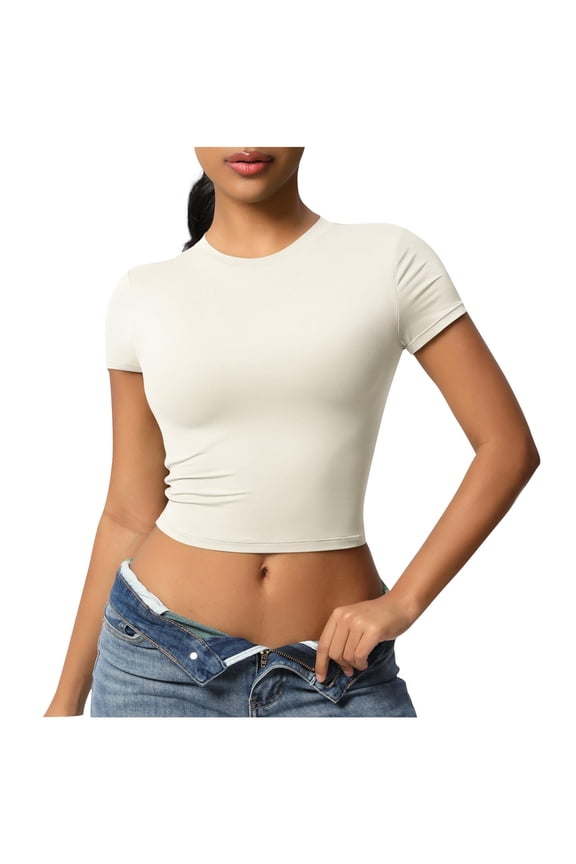 Htigea Womens Crop Tops Cute Summer Scoop Neck Basic Tees Slim Fit Trendy Short Sleeve T Shirts for Teen Girls 2025 Today Sales White,M