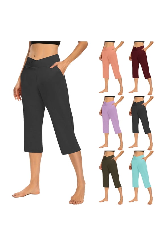 Womens Crossover Flare Capris Leggings High Waist V Cross Bootcut Lounge Casual Yoga Pants Clearance Sale Brown,L