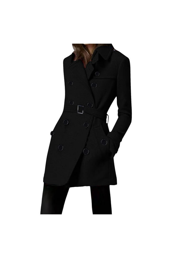 Womens Double Breasted Long Trench Coats Mid-Length Belted Overcoat Dress Jacket with Pockets Black,M