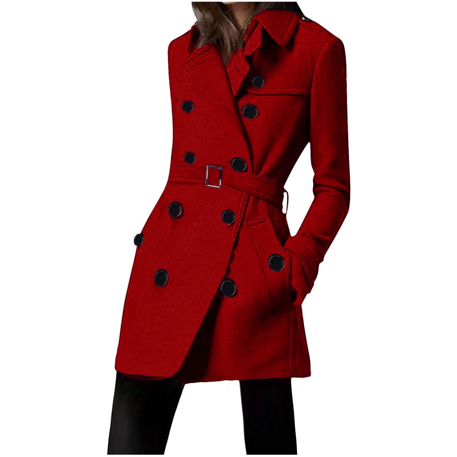 ladies red dress coats Htigea Womens Double Breasted Long Trench Mid-Length Belted Overcoat Jacket with Pockets Sale Red,XXXL Women’s Cocktail Dress