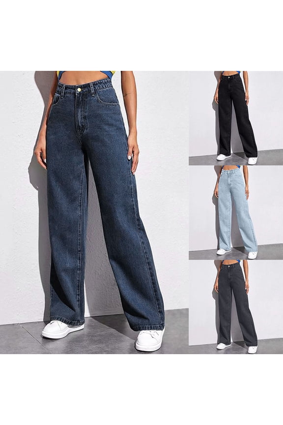 Womens Flare Jeans High Waisted Wide Leg Baggy Jean for Women Stretch Denim Pants Today Sales Dark Blue,L