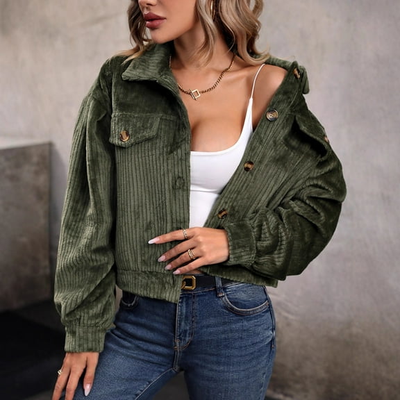 Htigea Clearance Womens Jacket Fall Winter Long Sleeve Stand Collar Shacket with Side Pocket Lightweight Coat Army Green L