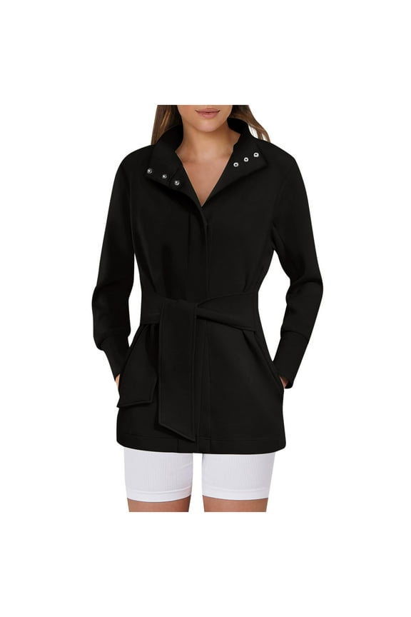 Womens Jacket Fashion Trench Coats Belted Casual Long Sleeve Wrap Trench Coat 2025 Fall Trendy Button Up Dressy Outerwear with Pockets Black,L