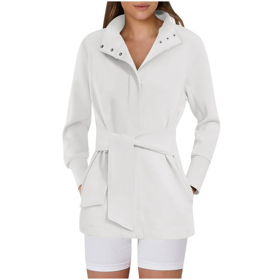 Htigea Clearance Womens Jacket Fashion Trench Coats Belted Casual Long Sleeve Wrap Trench Coat 2025 Fall Trendy Button Up Dressy Outerwear with Pockets Today Sales White,M