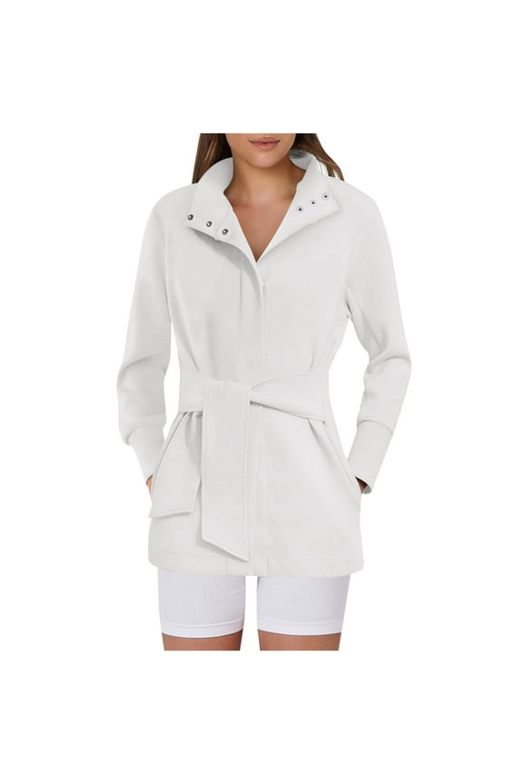 Clearance Womens Jacket Fashion Trench Coats Belted Casual Long Sleeve Wrap Trench Coat 2025 Fall Trendy Button Up Dressy Outerwear with Pockets Today Sales White,M