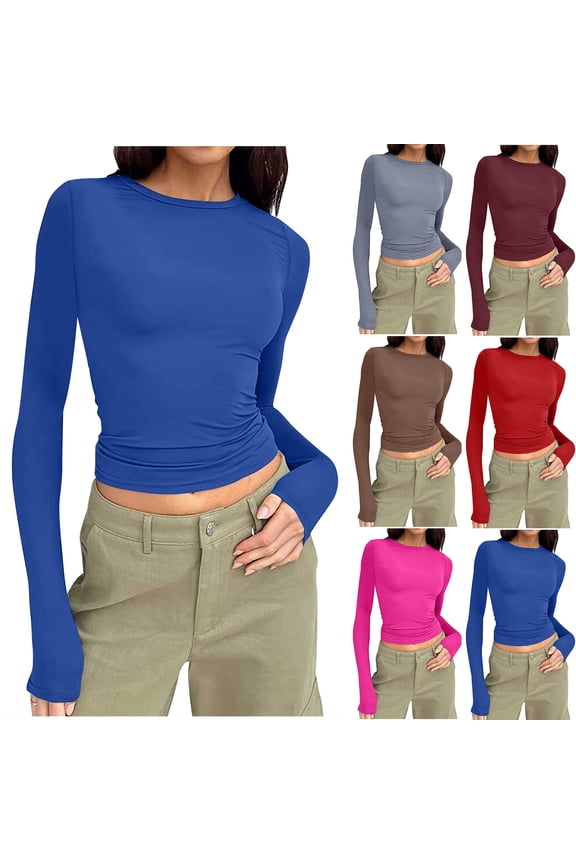 Htigea Womens Long Sleeve Shirts Basic Crop Tops Tight Slim Fit Cute Teen Girls Fall Winter Y2K Clothes Hot Pink,XS