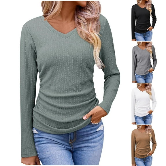 Htigea Womens Long Sleeve Shirts V Neck Casual Tops Loose Dressy Basic Fall Fashion Trendy Outfits Winter Clothes Black S