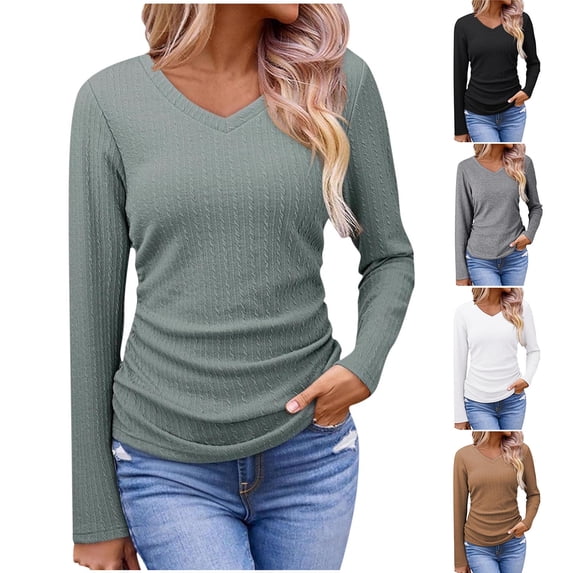 Htigea Womens Long Sleeve Shirts V Neck Casual Tops Loose Dressy Basic Fall Fashion Trendy Outfits Winter Clothes Gray 2XL