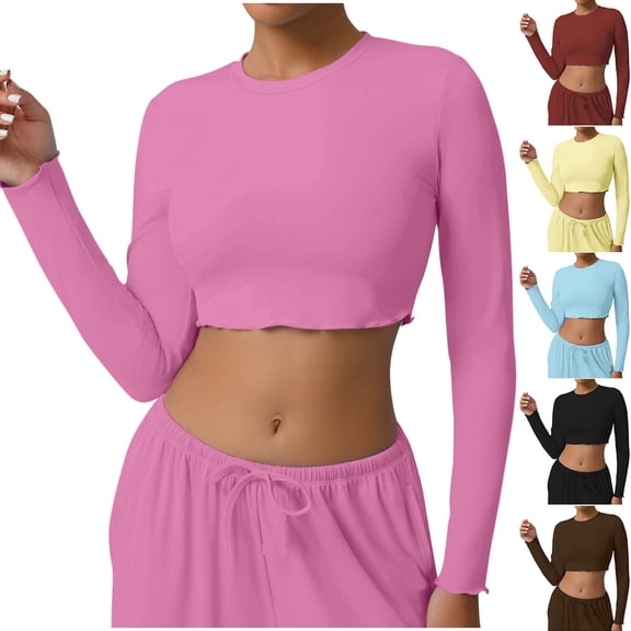 Htigea Womens Long Sleeve Shirts Y2K Going Out Crop Tops Cute Basic Slim Fitted Fall Fashion Outfits Clothes Pink M