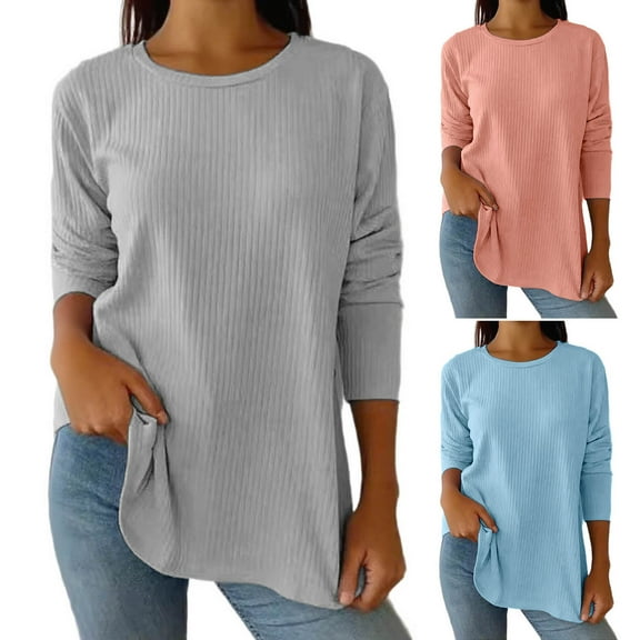 Htigea Womens Long Sleeve Tops Fall Scoop Neck Ribbed Knit Shirts Slim Fitted Casual Basic Tee T Shirt for Women Blue XL