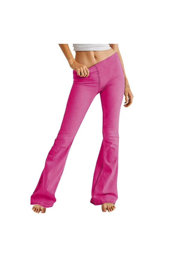Womens Petite Jeans Stretch Trousers with Zipper High Bell Flare Women's Waisted Stretchy Length Jeans for Women Today Sales Hot Pink,XXL