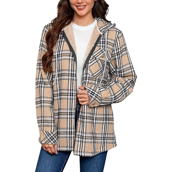 Htigea Clearance Womens Plaid Shacket Jacket Sherpa Lined Flannel Jackets Oversized Button Up Fleece Hooded Warm Coat Khaki L