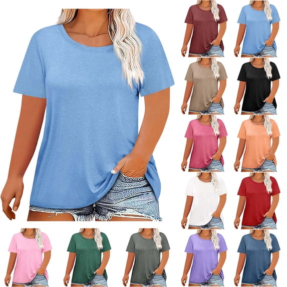 Htigea Clearance Womens Plus Size Tops Shorts Sleeves Blouses Summer Crewneck Tunic Loose Casual T Shirts Today Sales Pink,XXXL