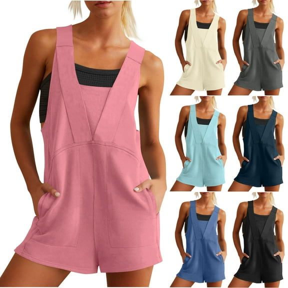 Htigea Womens Rompers Summer Casual Loose Sleeveless Overalls Spaghetti Strap Shorts Jumpsuit 2025 Beach Vacation Outfits Today Sales Light Blue XL