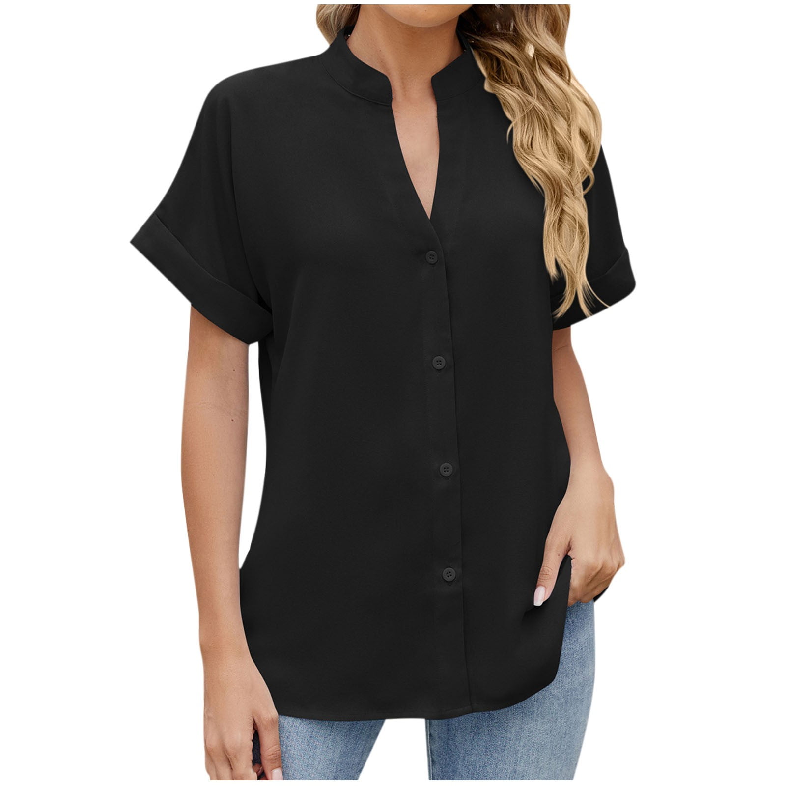 Htigea Clearance Womens Short Sleeve Button Down Up Shirt Collared V Neck  Tops Shirts Blouses Dress for Women Fall Savings Black,XXL - Walmart.com, image size:1600x1600