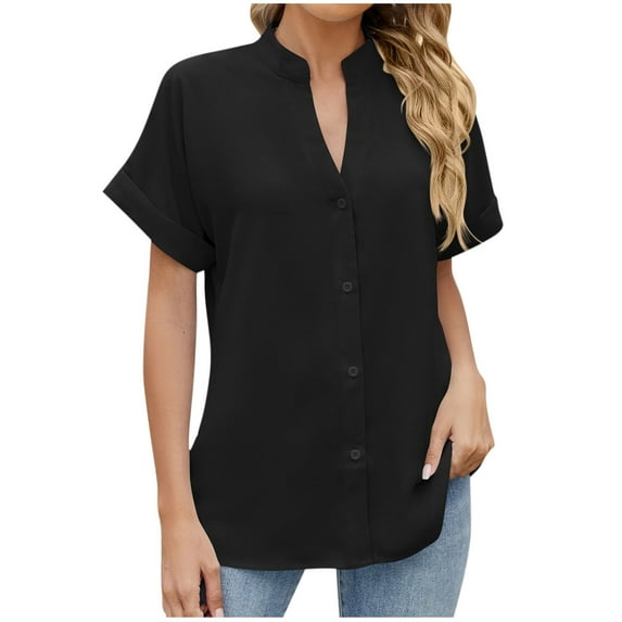 Htigea Clearance Womens Short Sleeve Button Down Up Shirt Collared V Neck Tops Shirts Blouses Dress for Women Fall Savings Black,XXL