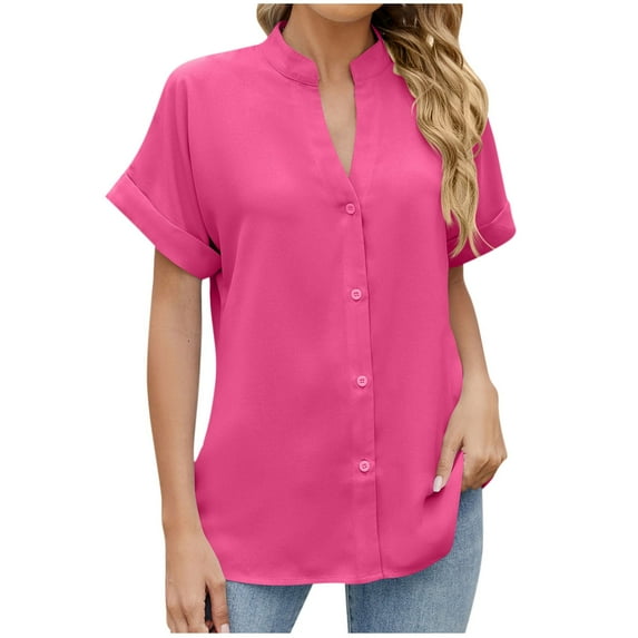 Htigea Womens Short Sleeve Button Down Up Shirt Collared V Neck Tops Shirts Blouses Dress for Women Today Deals Hot Pink,XXL
