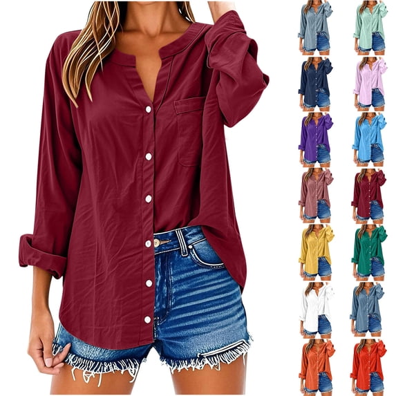 Htigea Clearance Womens Short Sleeve Shirts V Neck Collared Button Down Shirt Tops with Pockets Orange,M