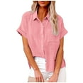 thumbnail image 1 of Htigea Clearance Womens Short Sleeve Shirts V Neck Collared Button Down Shirt Tops with Pockets Pink,4XL, 1 of 4