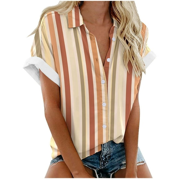 Htigea Womens Short Sleeve Summer Tops Casual Button Down Shirts Solid/Striped Business Work Blouses Sale Khaki,5XL