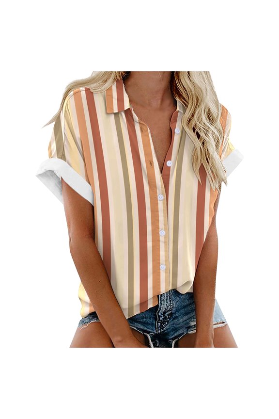 Htigea Womens Short Sleeve Summer Tops Casual Button Down Shirts Solid/Striped Business Work Blouses Today Sales Khaki,4XL