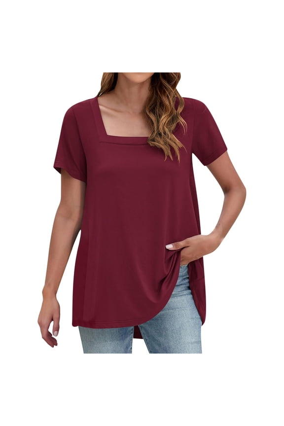Htigea Womens Short Sleeve T Shirts Square Neck Going Out Tops Summer Cute Clothes Basics Tees Sale Wine,XL