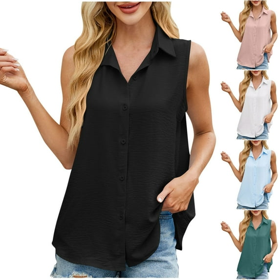 Htigea Clearance Womens Sleeveless Button Down Shirt Collared Blouse Casual Office Shirts Basic Tank Top Today Sales Black,S