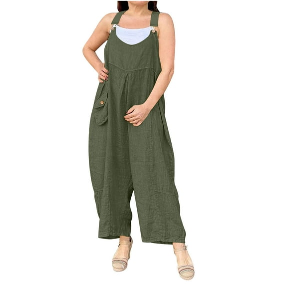 Htigea Clearance Womens Sleeveless Jumpsuit Loose Spaghetti Strap Baggy Overalls Jumpers Casual Long Pants Rompers with Pockets 2025 Fall Savings Army Green 2XL