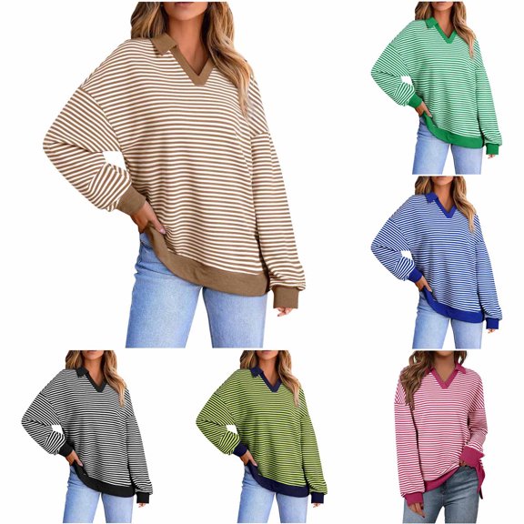 Htigea Womens Striped Top Crewneck Casual Long Sleeve Pullover Tops Trendy Army Green XL
