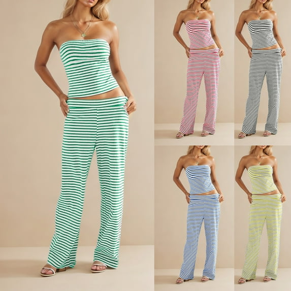 Htigea Womens Striped Two Piece Sets Summer Lounge Outfits Sailor Tube Top And Pants Matching Set Beach Vacation Travel Y2K Today Deals Light Blue M