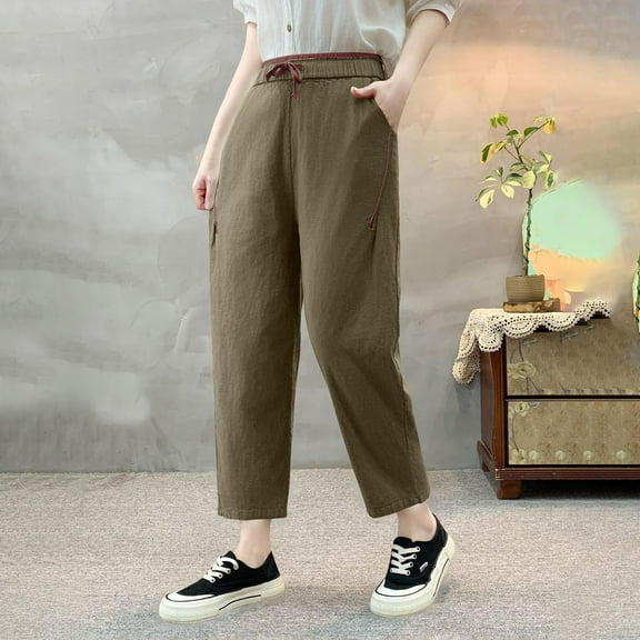 Htigea Clearance Womens Summer 3/4 Pants Flowy High Waisted Loose Casual Lounge Pant Wide Leg Palazzo Capris Adjustable with Pockets under 10 Khaki,XXXL