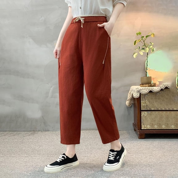 Htigea Clearance Womens Summer 3/4 Pants Flowy High Waisted Loose Casual Lounge Pant Wide Leg Palazzo Capris Adjustable with Pockets under 10 dollars Wine,XL