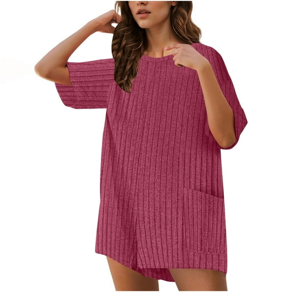 Htigea Clearance Womens Summer Casual Romper Sleeveless Waffle Knit Jumpsuits for Woman Short Rompers with Pockets Today Sales Hot Pink,2XL