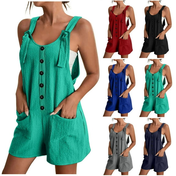 Htigea Clearance Womens Summer Casual Sleeveless Romper Loose Spaghetti Strap Overalls Shorts Jumpsuit with Pockets 2025 Clothes Gray,L