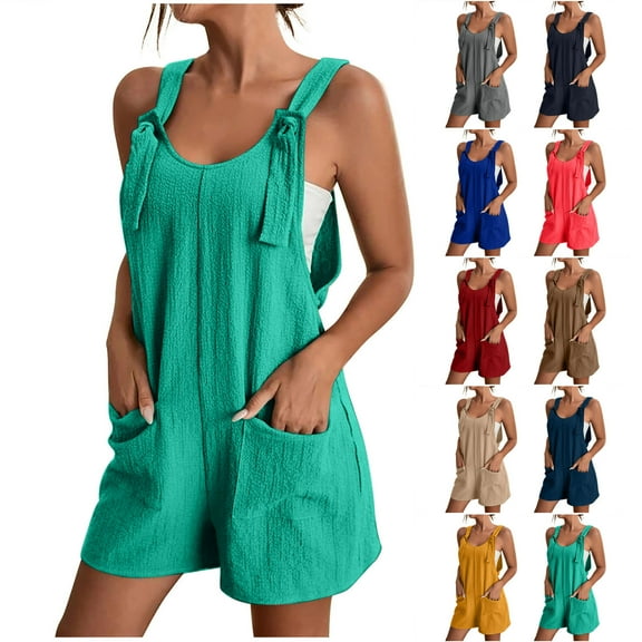 Htigea Clearance Womens Summer Casual Sleeveless Romper Loose Spaghetti Strap Overalls Shorts Jumpsuit with Pockets 2025 Clothes Today Sales Green,S