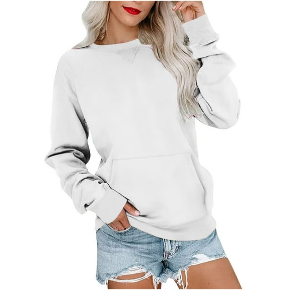 Htigea Womens Sweatshirt No Hood Casual Long Sleeve Crewneck Solid Pullover Lightweight Loose Tops with Pocket Today Sales White,S
