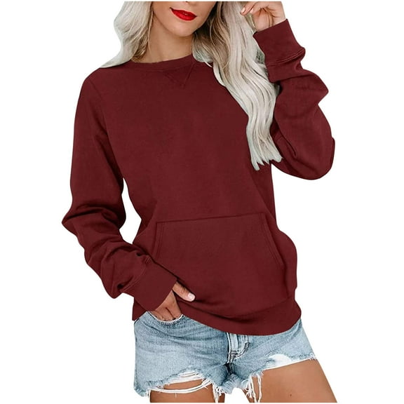 Htigea Womens Sweatshirt No Hood Casual Long Sleeve Crewneck Solid Pullover Lightweight Loose Tops with Pocket Today Sales Wine,XXL