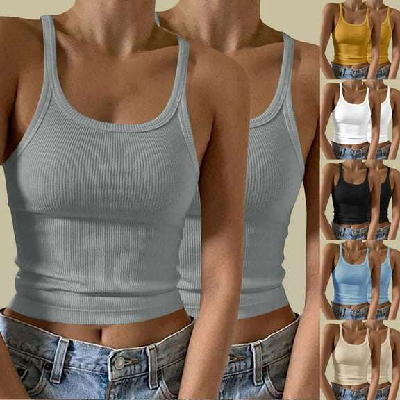 Htigea Womens Tank Tops Ribbed form Fitting Scoop Neck Summer Tops Basic 2 Pack Today Sales Light Blue,S