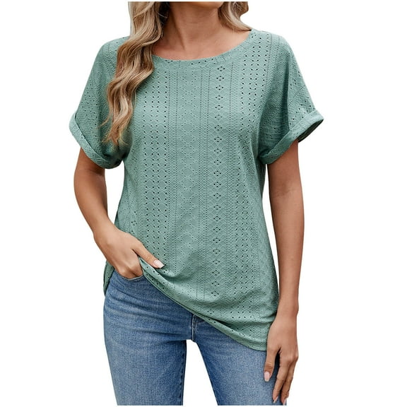 Htigea Womens Tops Summer Casual Crew Neck Short Ruffle Sleeve T Shirts Loose Fit Eyelet Hollow Out Blouse Sale Green,XL