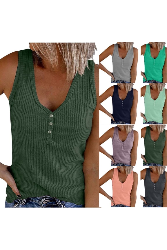 Htigea Womens V Neck Tank Tops Summer Ribbed Sleeveless Henley Shirts Casual Loose Button Up Cami Knit Tees Sale Gray,S