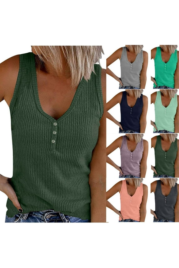 Htigea Womens V Neck Tank Tops Summer Ribbed Sleeveless Henley Shirts Casual Loose Button Up Cami Knit Tees Sale Orange,S
