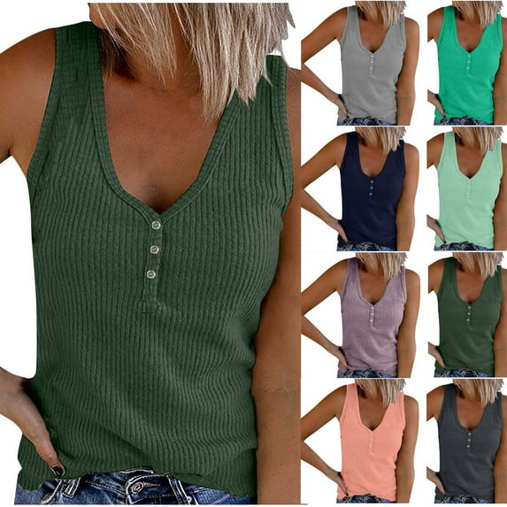 Htigea Womens V Neck Tank Tops Summer Ribbed Sleeveless Henley Shirts Casual Loose Button Up Cami Knit Tees Today Deals Army Green,3XL