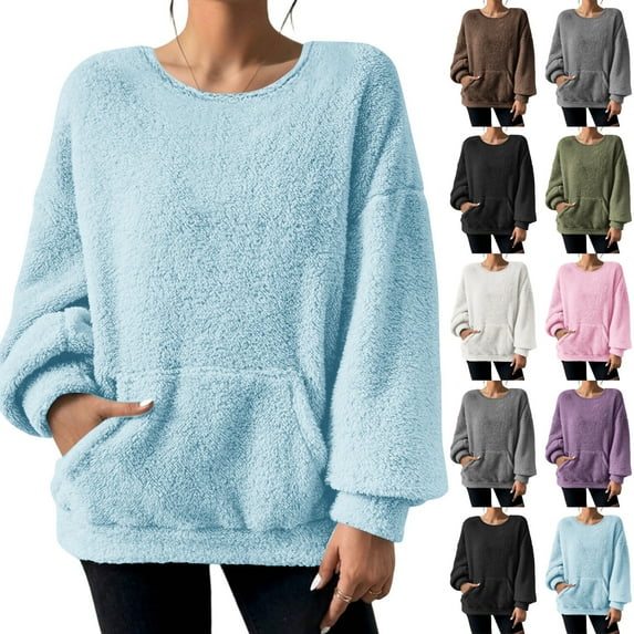Htigea Womens Warm Sherpa Pullover Button Collar Fleece Sweatshirt Winter Long Sleeve Tops Coat with Pockets Sky Blue 2XL