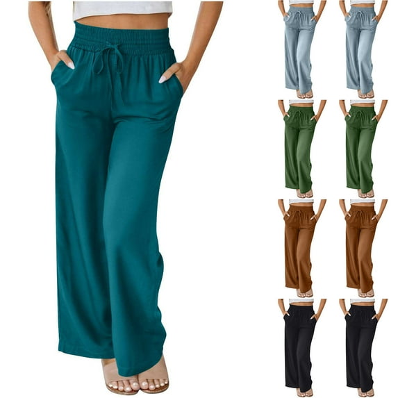 Htigea Clearance Womens Wide Leg Pants Casual Loose Yoga Sweatpants Comfy Lounge Pajama Flowy Pants Pockets Fall Savings Green XL