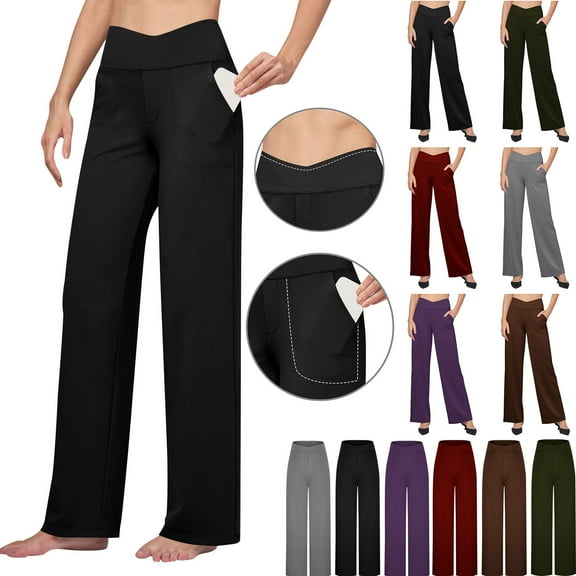 Htigea Clearance Womens Wide Leg Yoga Pants Casual Work Dress Pants Lounge Sweatpants High Waist Comfy Loose Trousers with Pockets Army Green,M