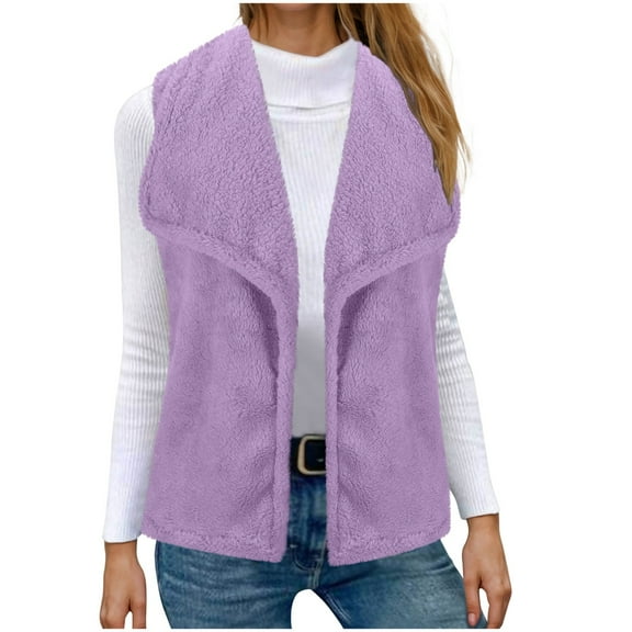 Htigea Clearance Womens Winter Fuzzy Fleece Vest Jacket Sleeveless Vest Coat Open Front Sherpa Cardigan Vest with Pockets Purple,XXL